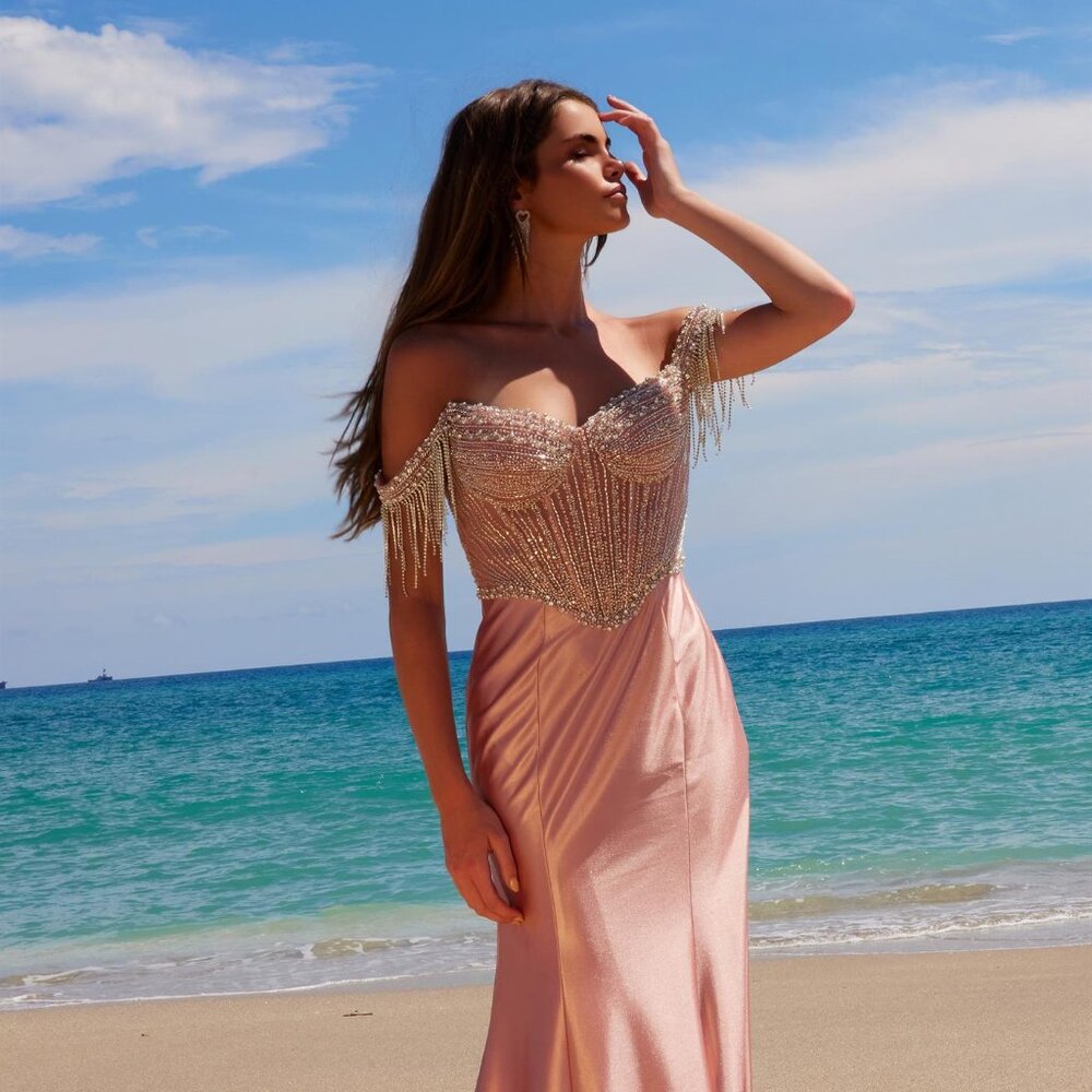 NEW FORMAL OFF SHOULDER LONG SHEATH SATIN DRESS W/ RHINESTONES FRINGE NX F1568 - Picture 4 of 12